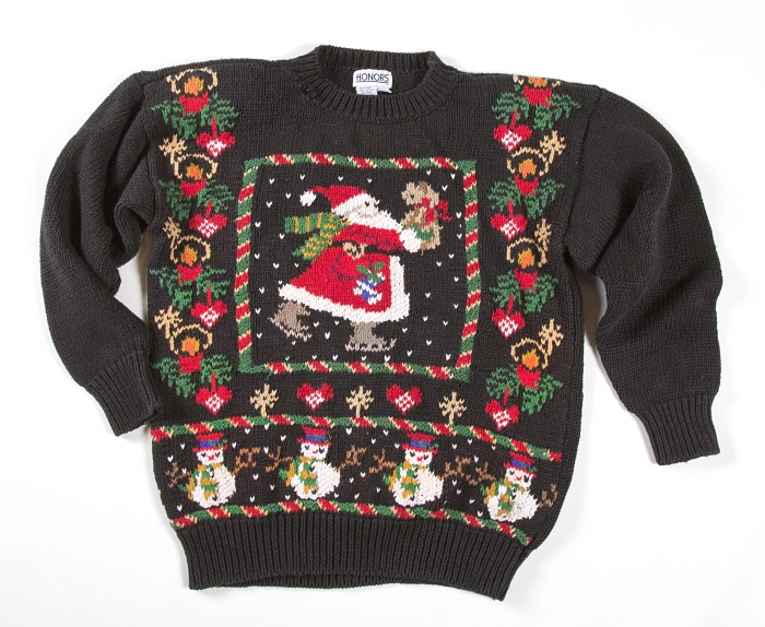 black Christmas sweater with Santa on ice skates